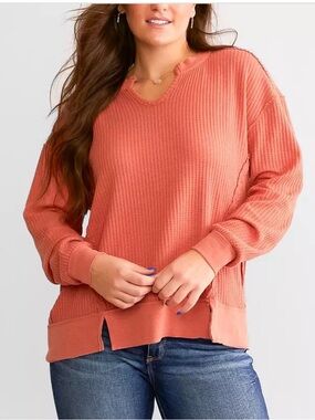 BKE Coral Waffle-Knit Notch-Hem Crewneck Thermal Size Small